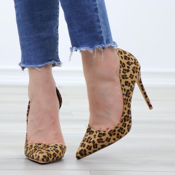 Faux Leopard Suede Pointy Toe Slip On High Heels - Picture 9 of 13